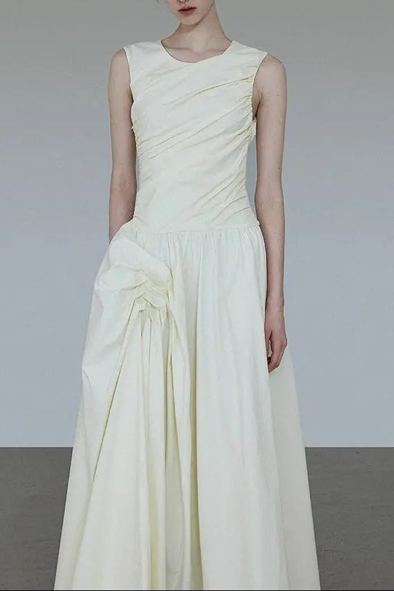 jenny ruched a-line sleeveless midi dress in apricot Avalabel