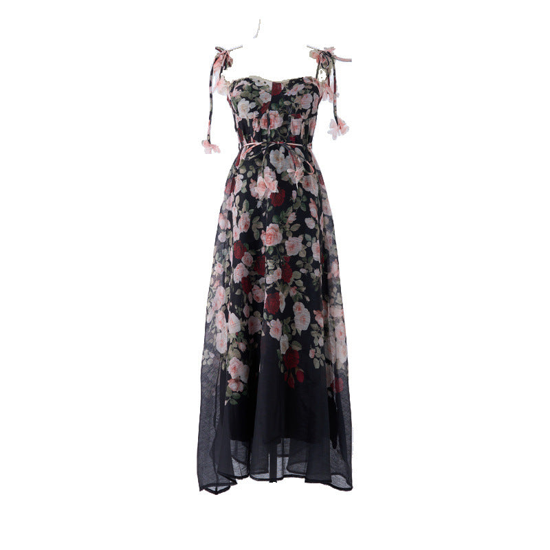 Pastel Floral Print Spaghetti Strap Midi Dress with 3D Flower Appliqués Avalabel