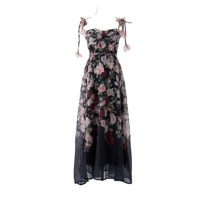 Pastel Floral Print Spaghetti Strap Midi Dress with 3D Flower Appliqués