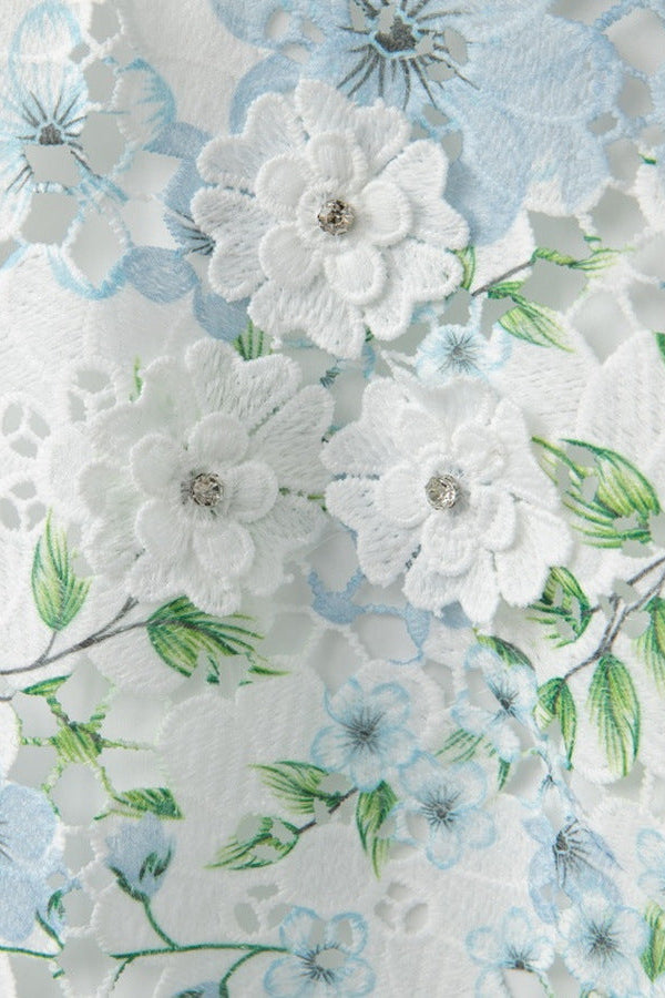Hazel Floral Printed Lace Mini Dress in Sky Blue Avalabel