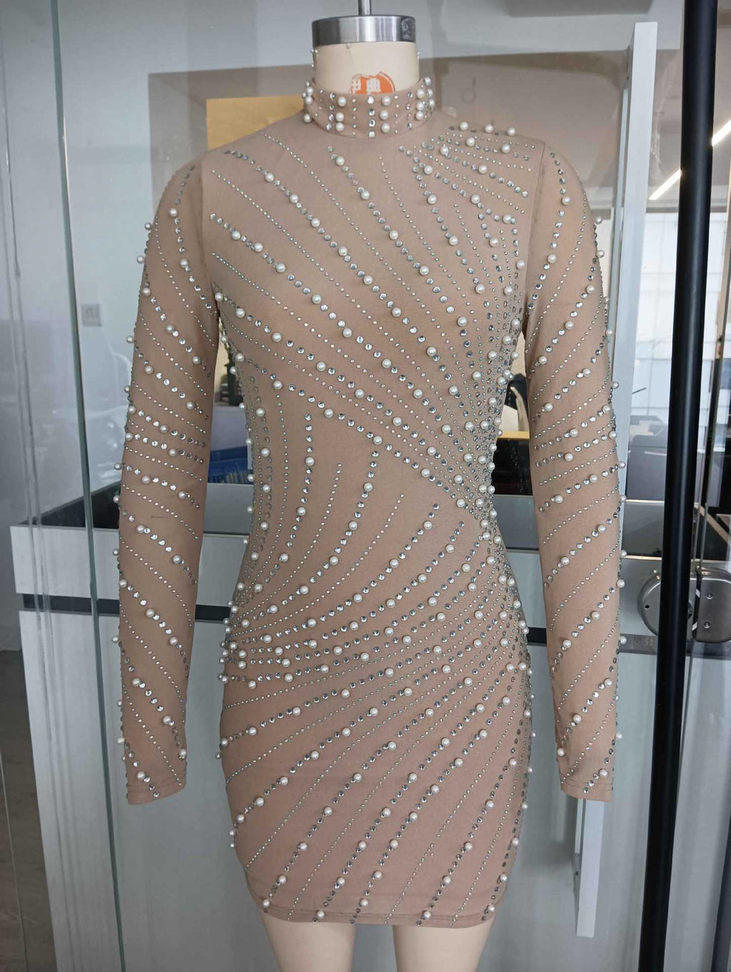 Khaki Tassel Rhinestone Mesh Pearl Hip-Wrap mini Dress Avalabel