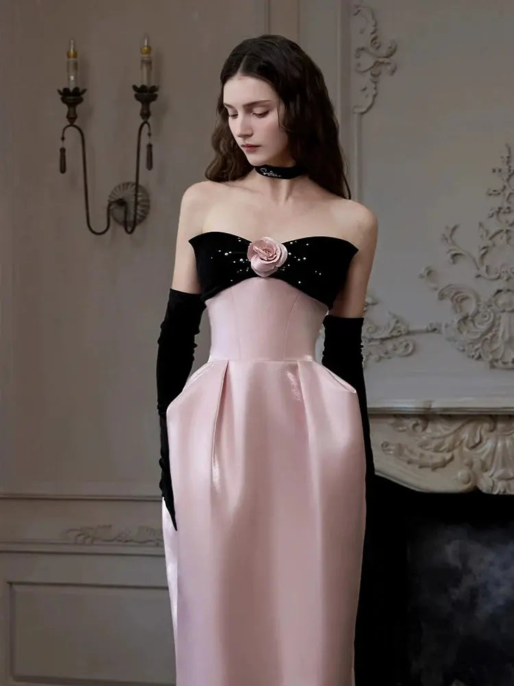 Satin Pink Flower Strapless Maxi Prom Dress Avalabel