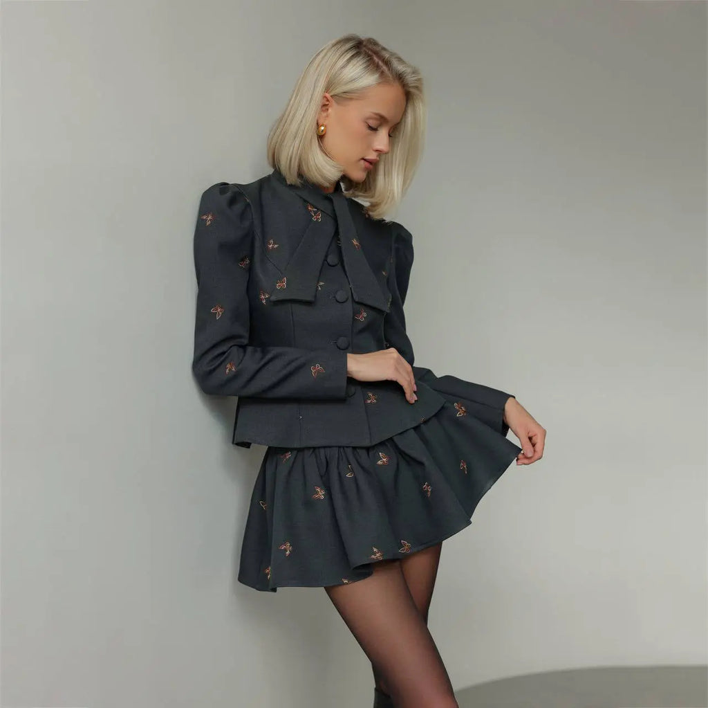 adora dark grey Butterfly Embroidered blazer mini skirt Set Avalabel