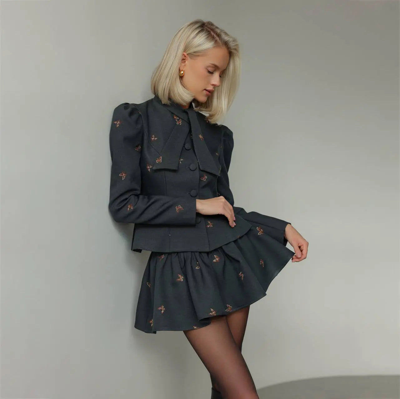 adora dark grey Butterfly Embroidered blazer mini skirt Set Avalabel
