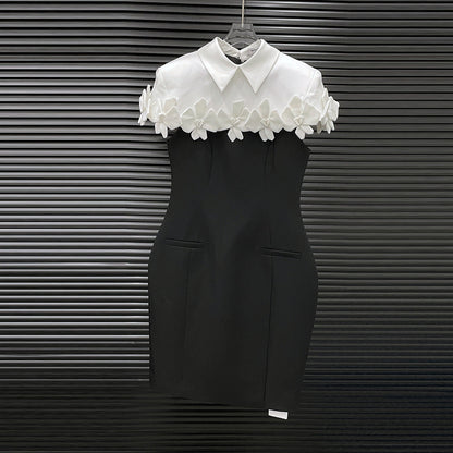 alma Collar Flower Mini Dress In Black
