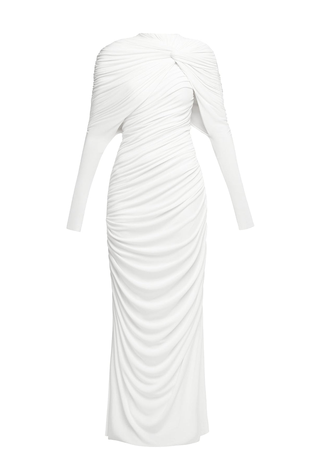 bonnie long sleeve pleated knot bodycon maxi dress in white Avalabel
