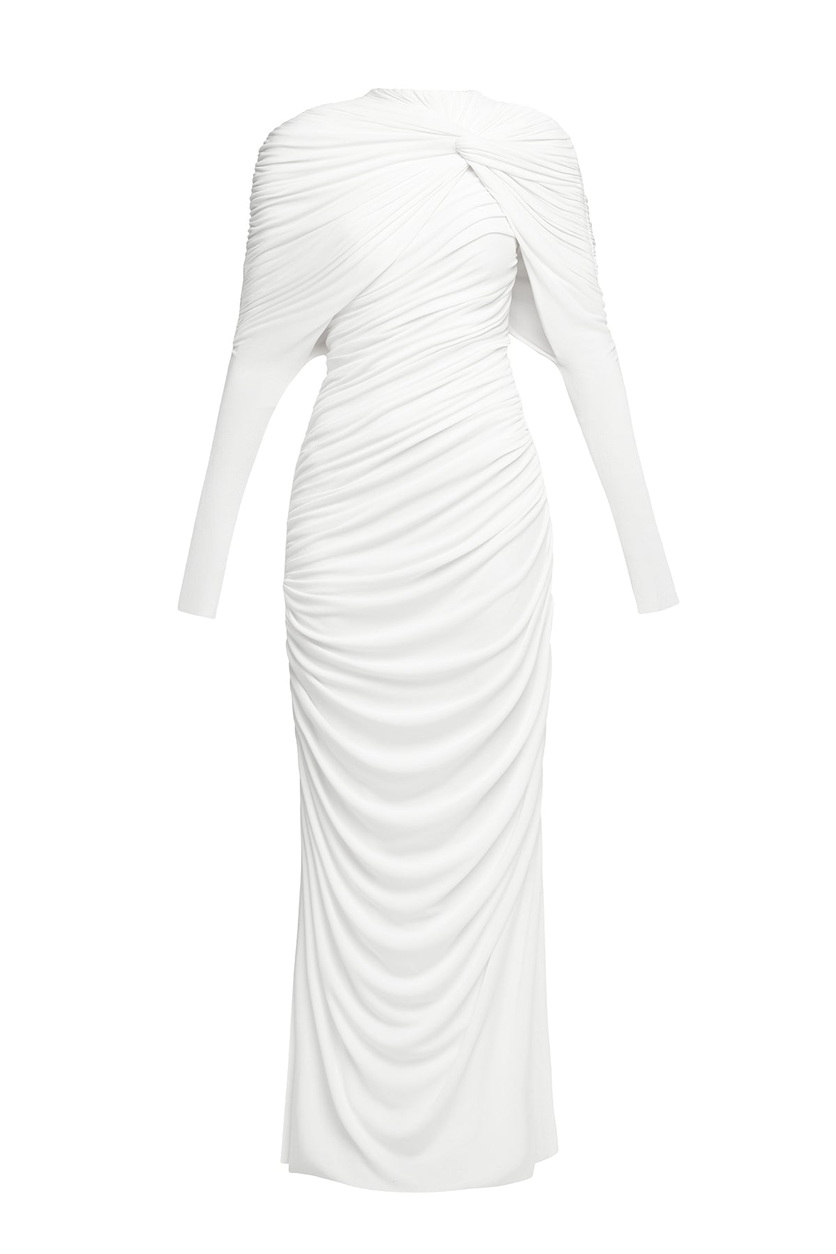 bonnie long sleeve pleated knot bodycon maxi dress in white Avalabel
