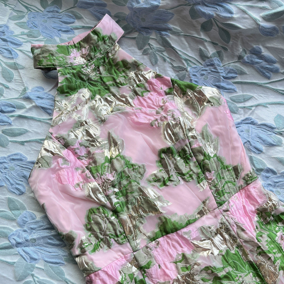 Jacquard Pink Green Floral Open Back Mini Dress Avalabel