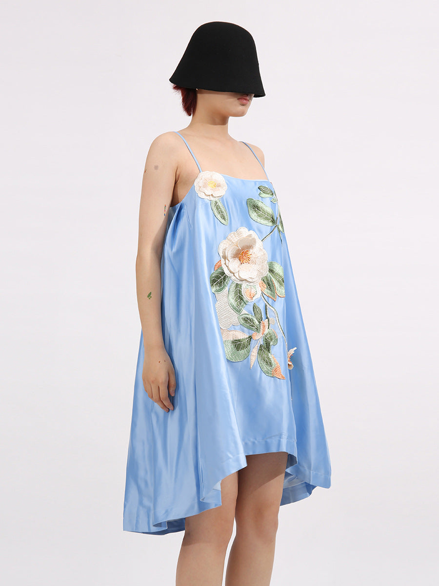 Edwina Applique Floral Embroidered Mini Dress in Blue Avalabel