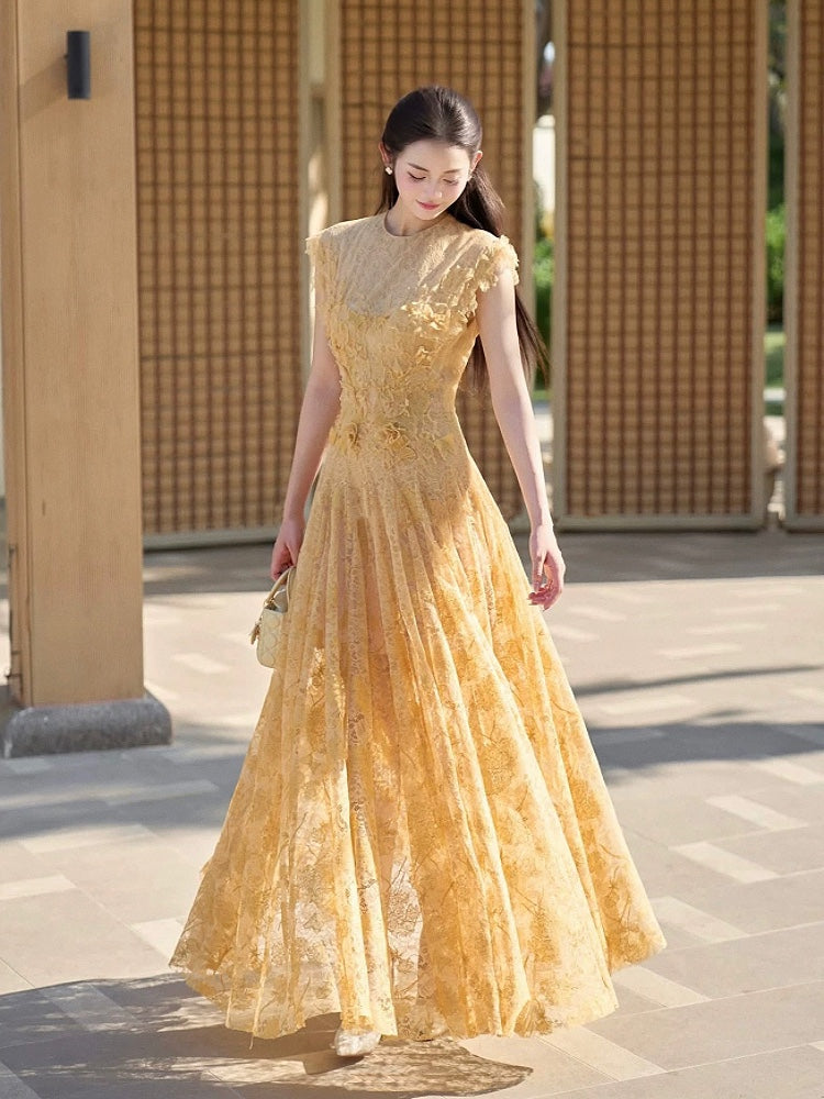 jennifer Lace Flower embellished maxi Dress in yellow Avalabel