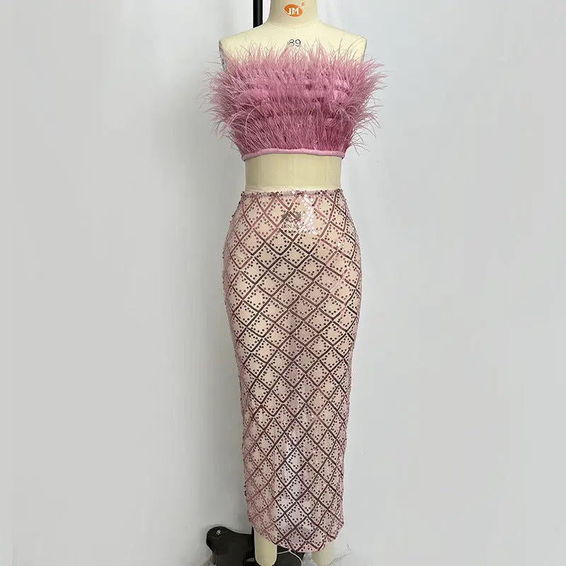 audrey pink feather top sequin Midi Skirt set Avalabel