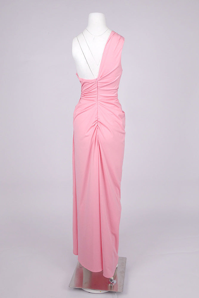 bess One-shoulder slant neck pleated maxi dress in pink Avalabel