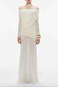 Cara Off-Shoulder Long Sleeve Pleated Mesh Maxi Dress in White Avalabel