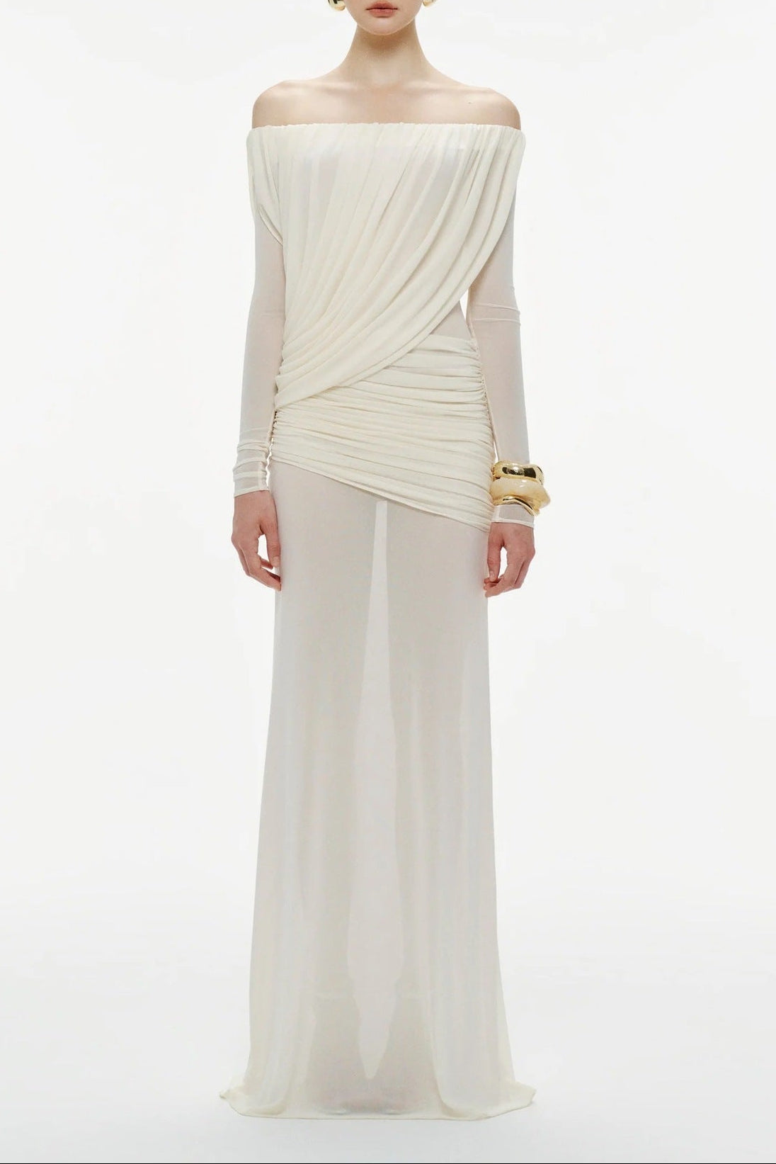 Cara Off-Shoulder Long Sleeve Pleated Mesh Maxi Dress in White Avalabel