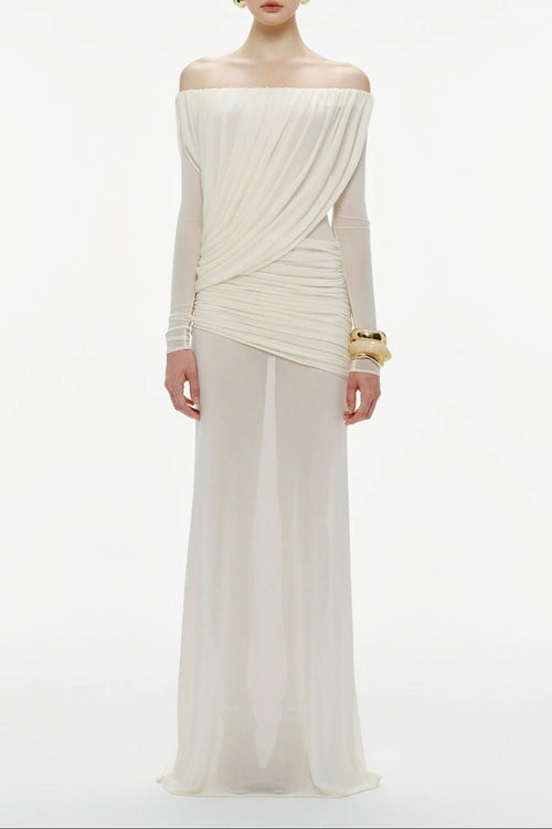 Cara Off-Shoulder Long Sleeve Pleated Mesh Maxi Dress in White Avalabel