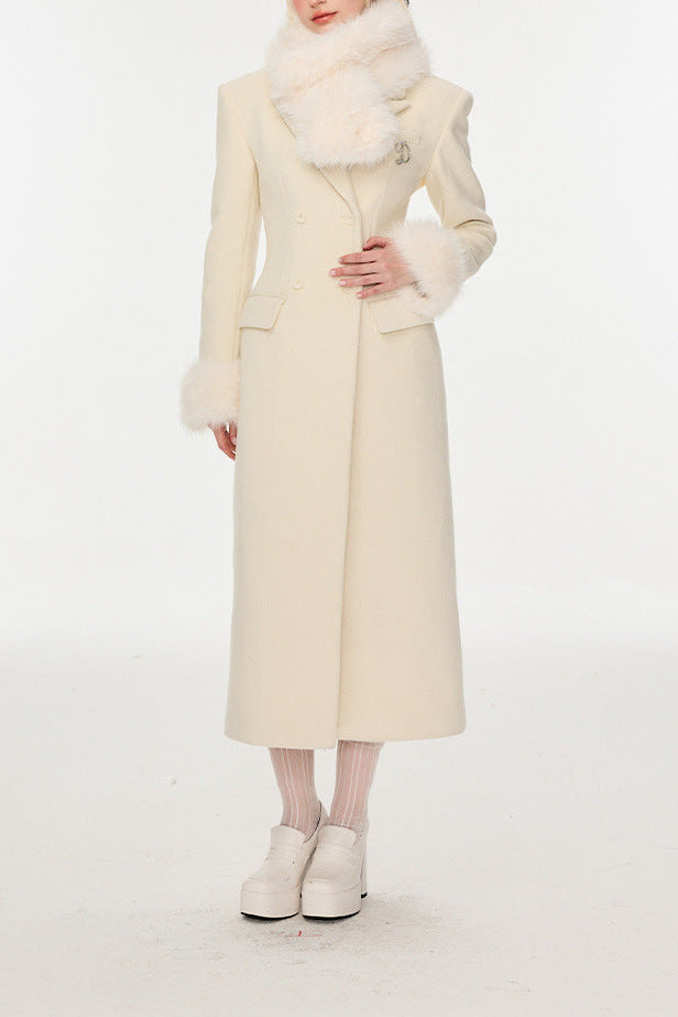 Ivory Slim faux fur mid-length woolen coat Avalabel