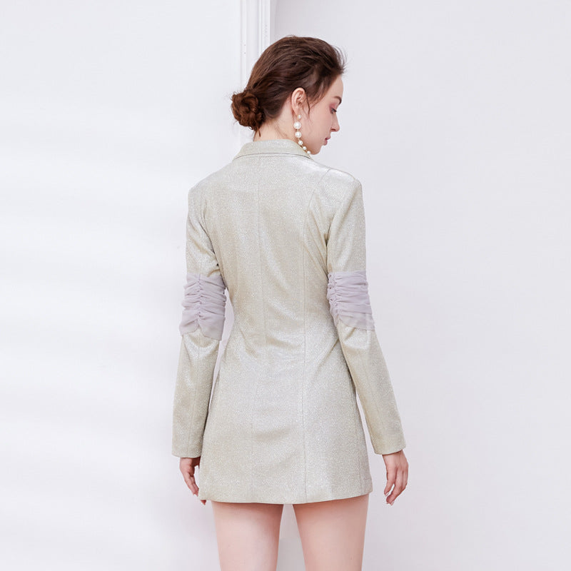 janice Mesh Ribbon Glitter blazer Dress in champagne Avalabel