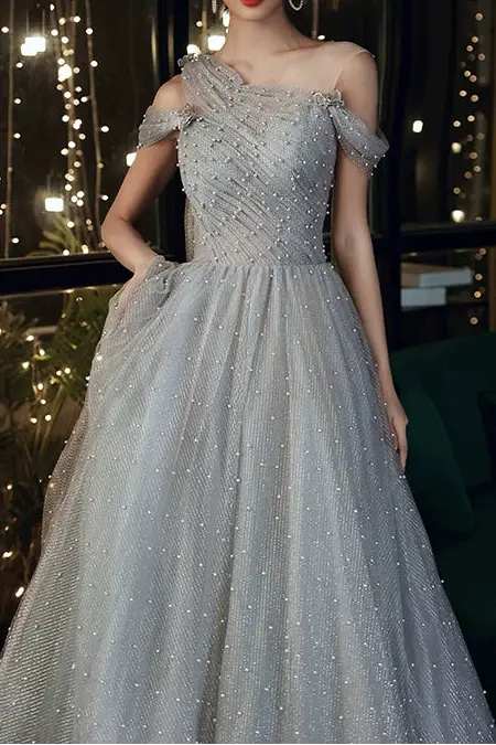Dusty Blue one-shoulder pearl maxi evening dress Avalabel