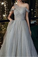 Dusty Blue one-shoulder pearl maxi evening dress Avalabel
