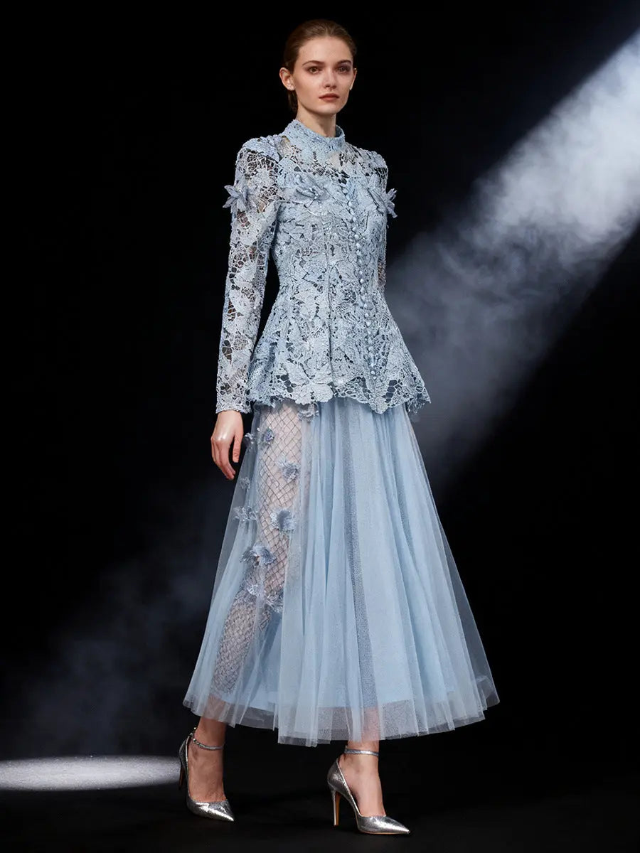 yvette blue Long Sleeve Folds Lace Butterfly Top And Skirt Two-Piece Set Avalabel