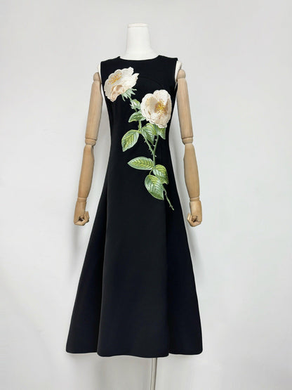 Kate Floral Print Embellished Sleeveless Midi Dress in Black