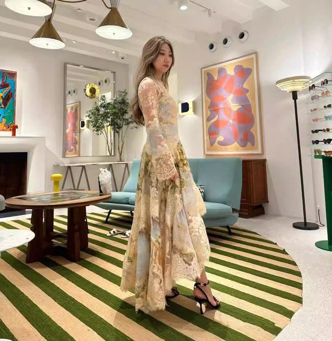 Kristin Long Sleeves Floral Printed Asymmetric Lace Maxi Dress Avalabel