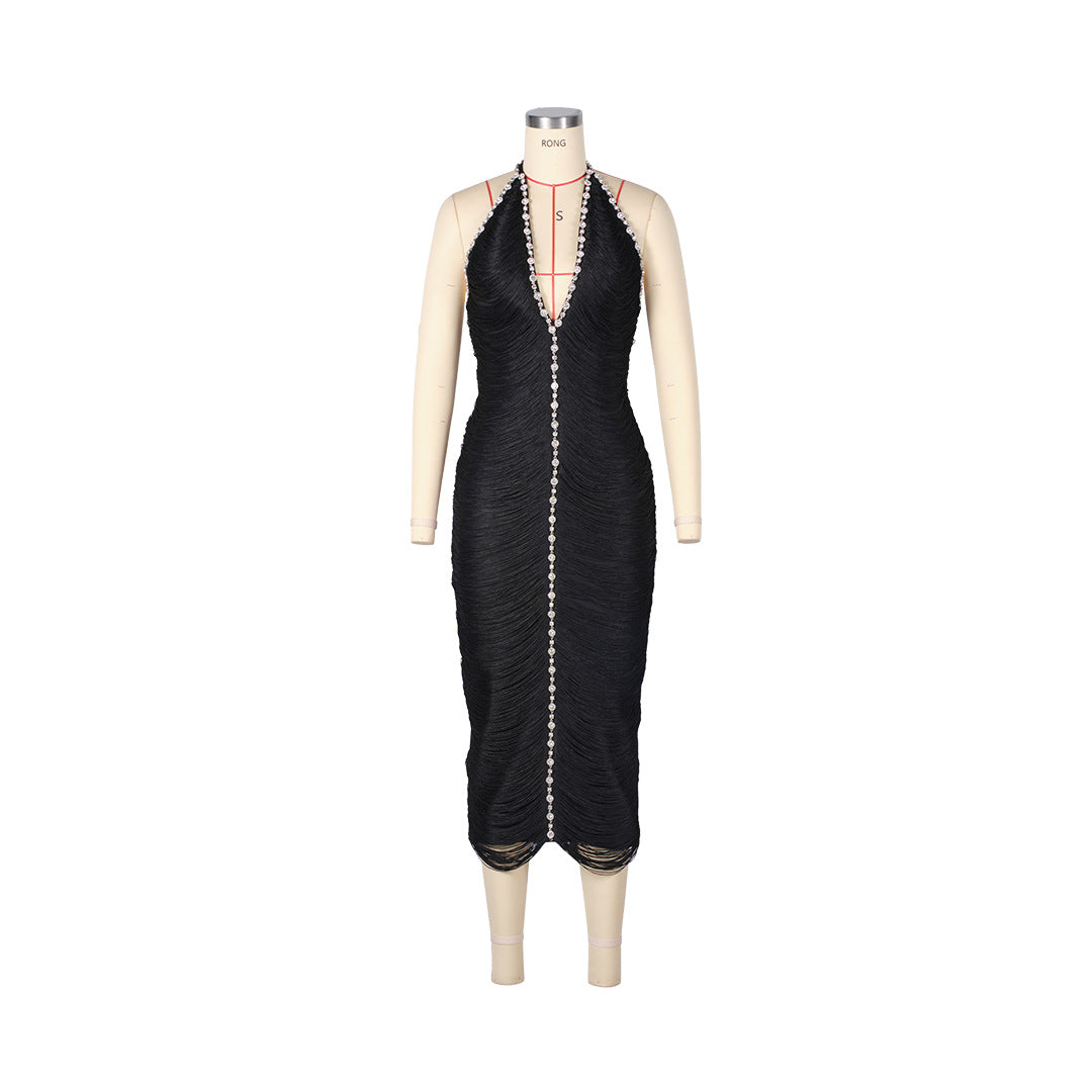 sherry halter rhinestone bandage tassel midi dress in black Avalabel