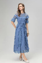 lorraine lace ruffle trim midi dress in blue Avalabel