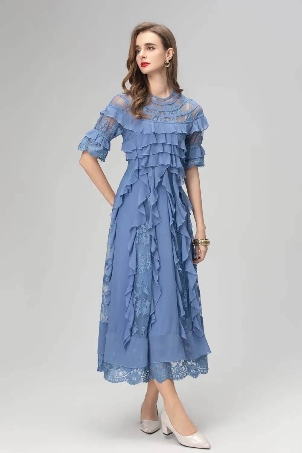 lorraine lace ruffle trim midi dress in blue Avalabel