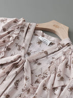 French light mature style versatile V-neck long sleeve shirt women's 2025 single-breasted ruffled lace-up print top