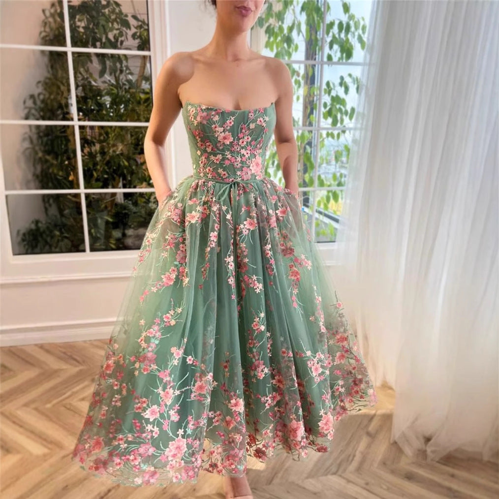 Strapless Floral Tulle Ballerina Midi Dress Avalabel