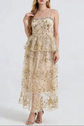 Ashley Gold Rhinestone Sequin Embroidery Layer Maxi Dress Avalabel