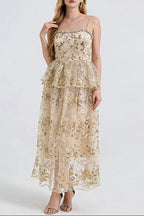 Ashley Gold Rhinestone Sequin Embroidery Layer Maxi Dress Avalabel
