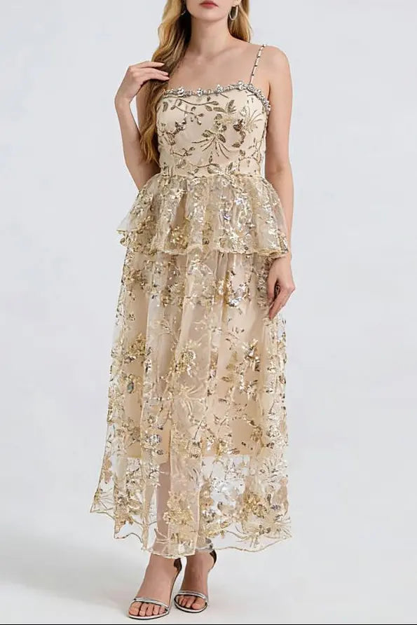 Ashley Gold Rhinestone Sequin Embroidery Layer Maxi Dress Avalabel