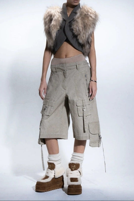Sleeveless shoulder fur patchwork cropped jacket