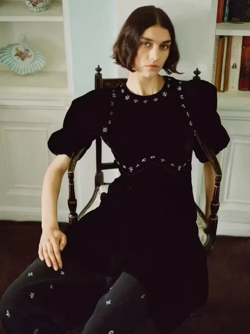 vicky black rhinestone embellished velvet puff sleeve maxi dress Avalabel