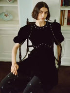 vicky black rhinestone embellished velvet puff sleeve maxi dress Avalabel