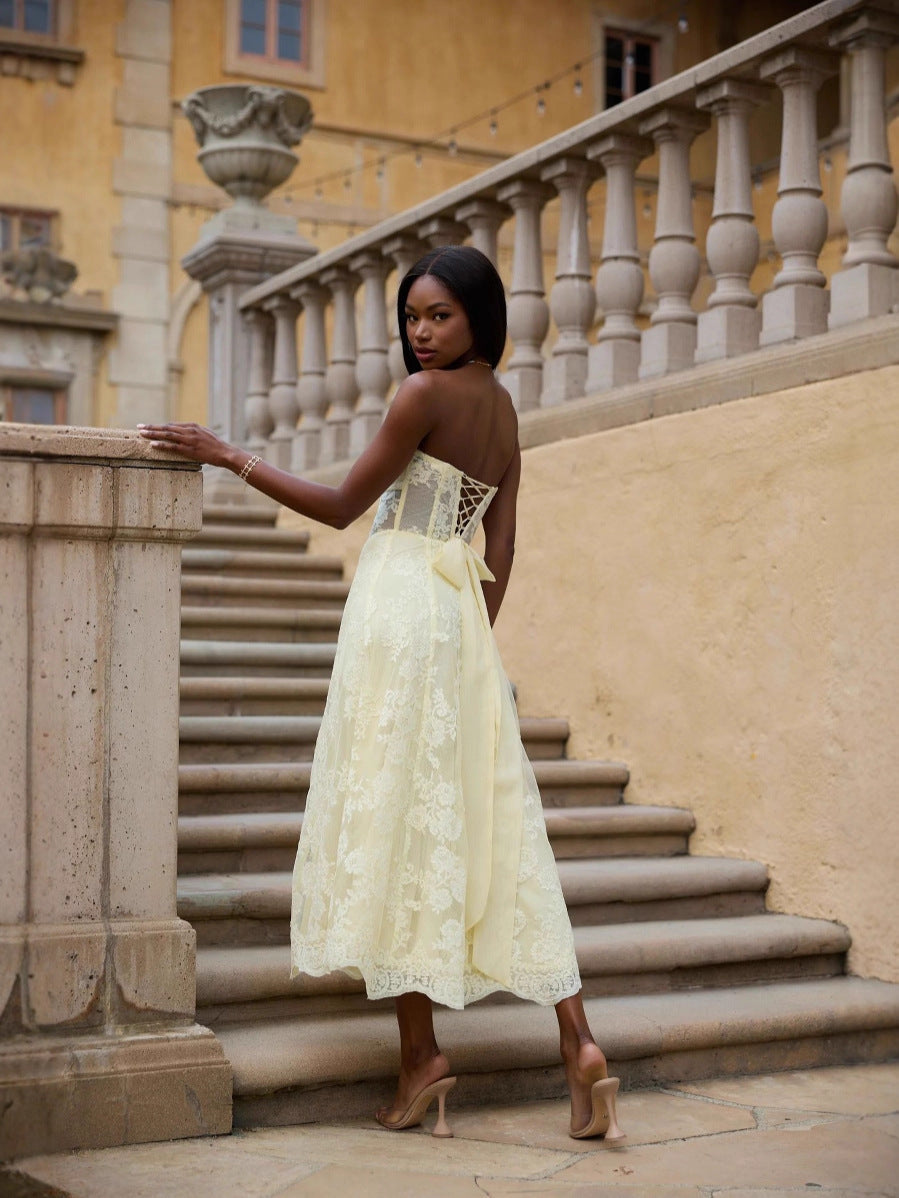 Amanda Yellow European American Style Sexy Backless Tie-Wrap Dress Avalabel
