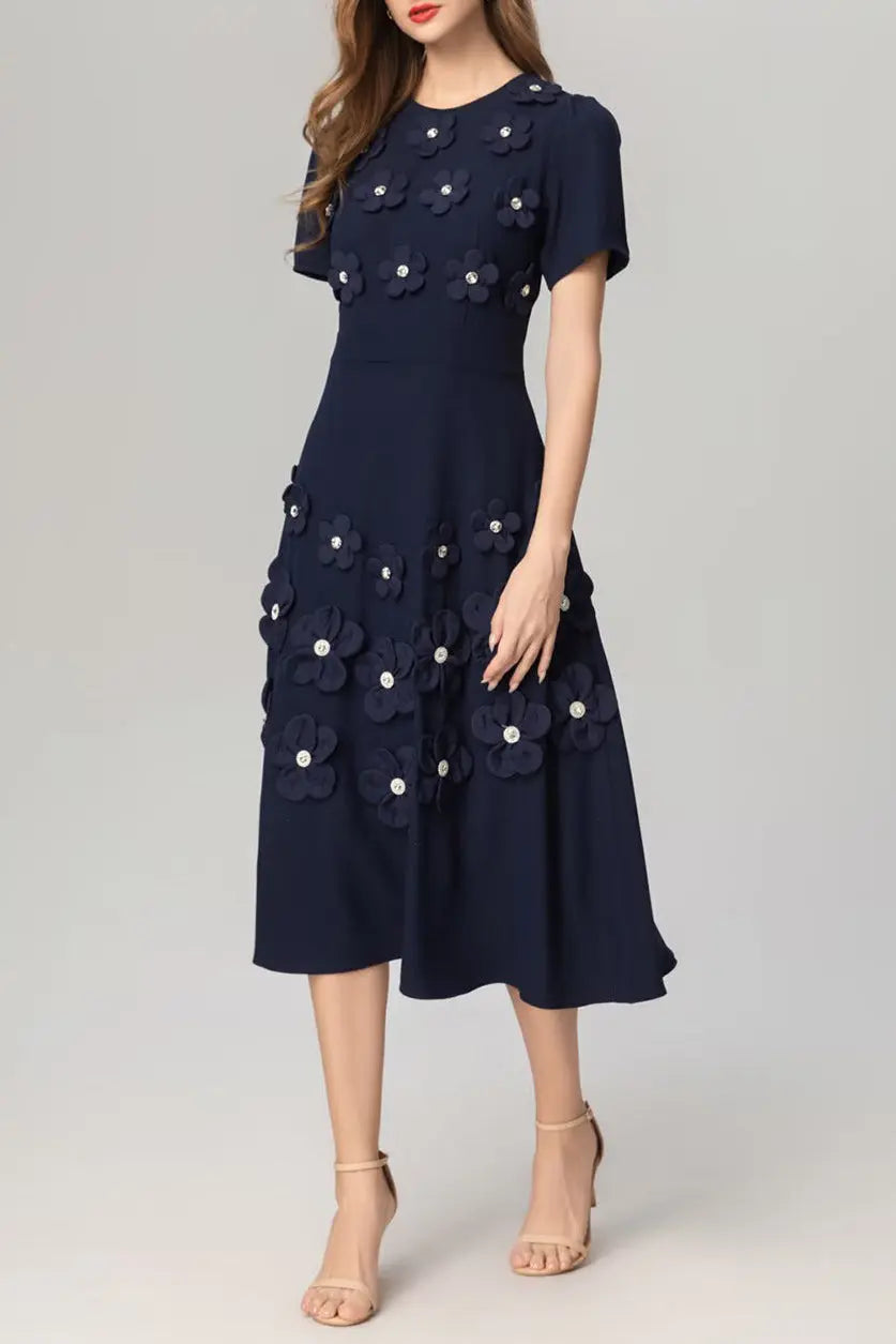 katherine 3d flower appliqué midi dress in navy blue Avalabel
