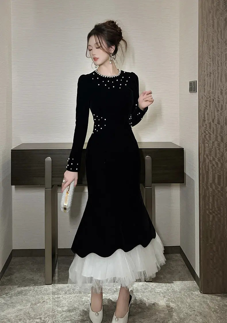 zona black Beaded irregular hem velvet fishtail maxi dress Avalabel