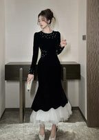 zona black Beaded irregular hem velvet fishtail maxi dress Avalabel