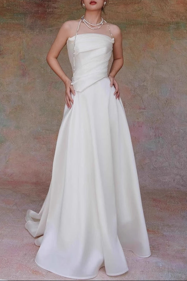 Lydia White French Satin Strapless Maxi Train Welcome Gown Avalabel