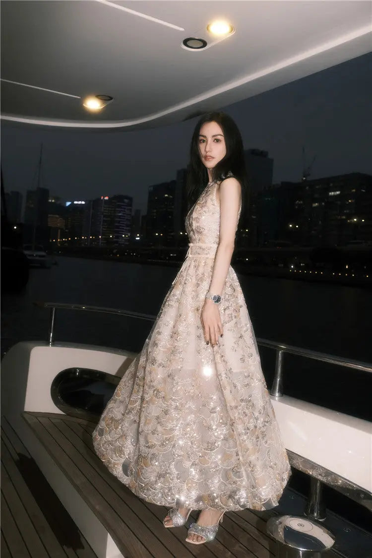 Gold Couture with Floral Embroidery Sequin Banquet Dress Avalabel