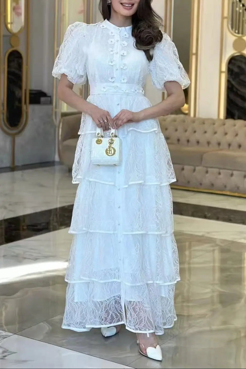elvira appliqué Lace layer maxi dress in white Avalabel