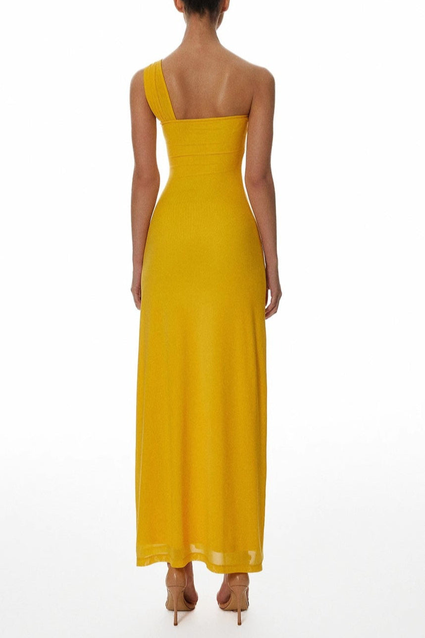 One-Shoulder Flower A-Line Maxi Dress in Yellow Avalabel