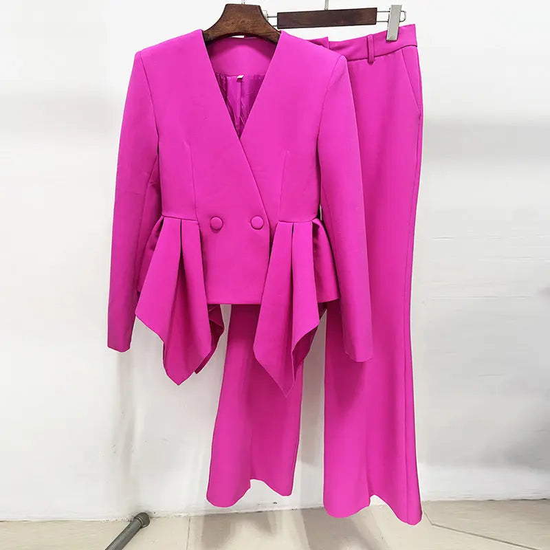 Audith Ruffled Blazer Two Piece Set - Pink Avalabel
