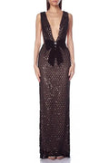 rebecca bow sequin embellished v neck maxi dress in black Avalabel