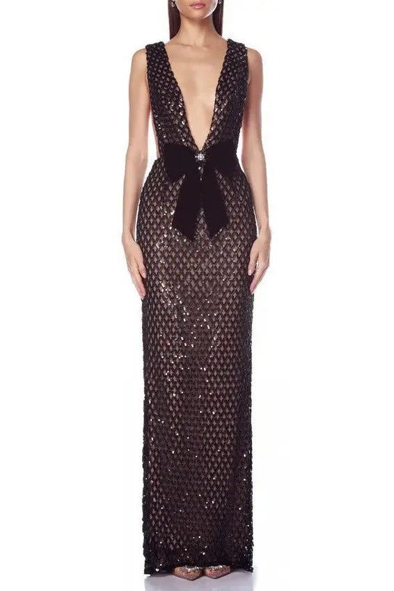 rebecca bow sequin embellished v neck maxi dress in black Avalabel