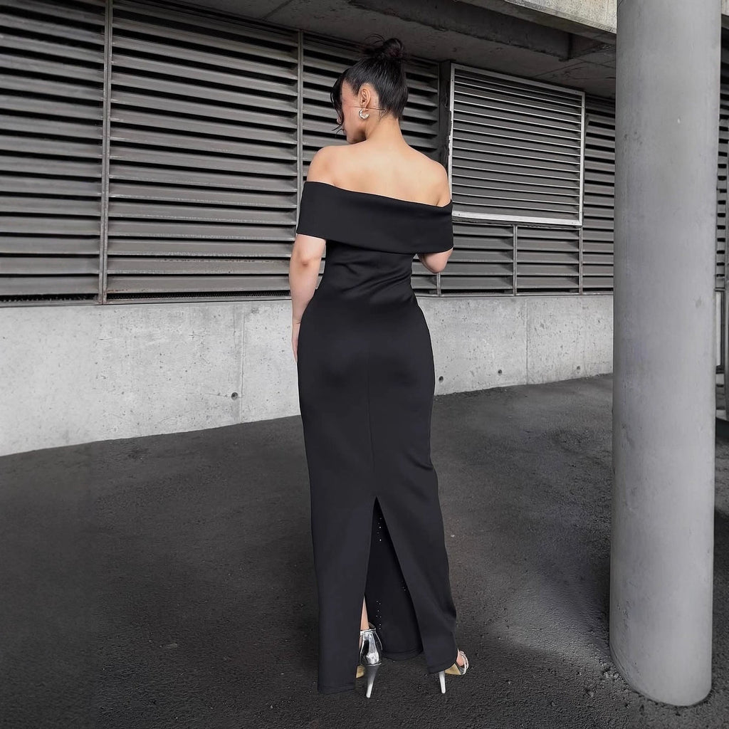 laurel Off-shoulder rhinestone bandage maxi dress in black Avalabel
