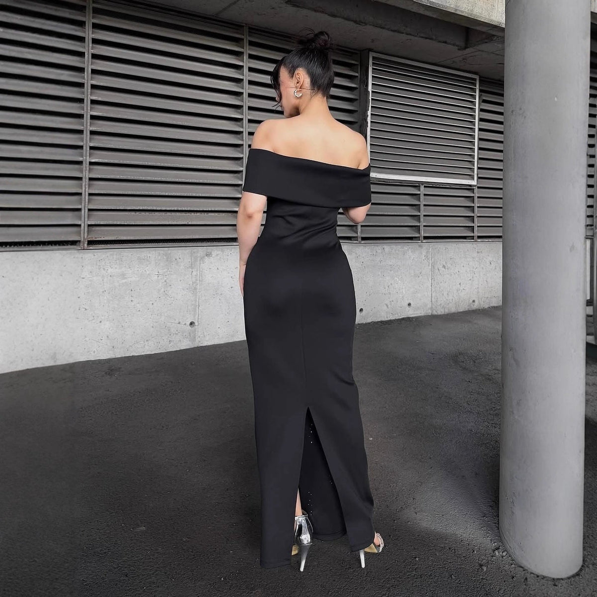 laurel Off-shoulder rhinestone bandage maxi dress in black Avalabel